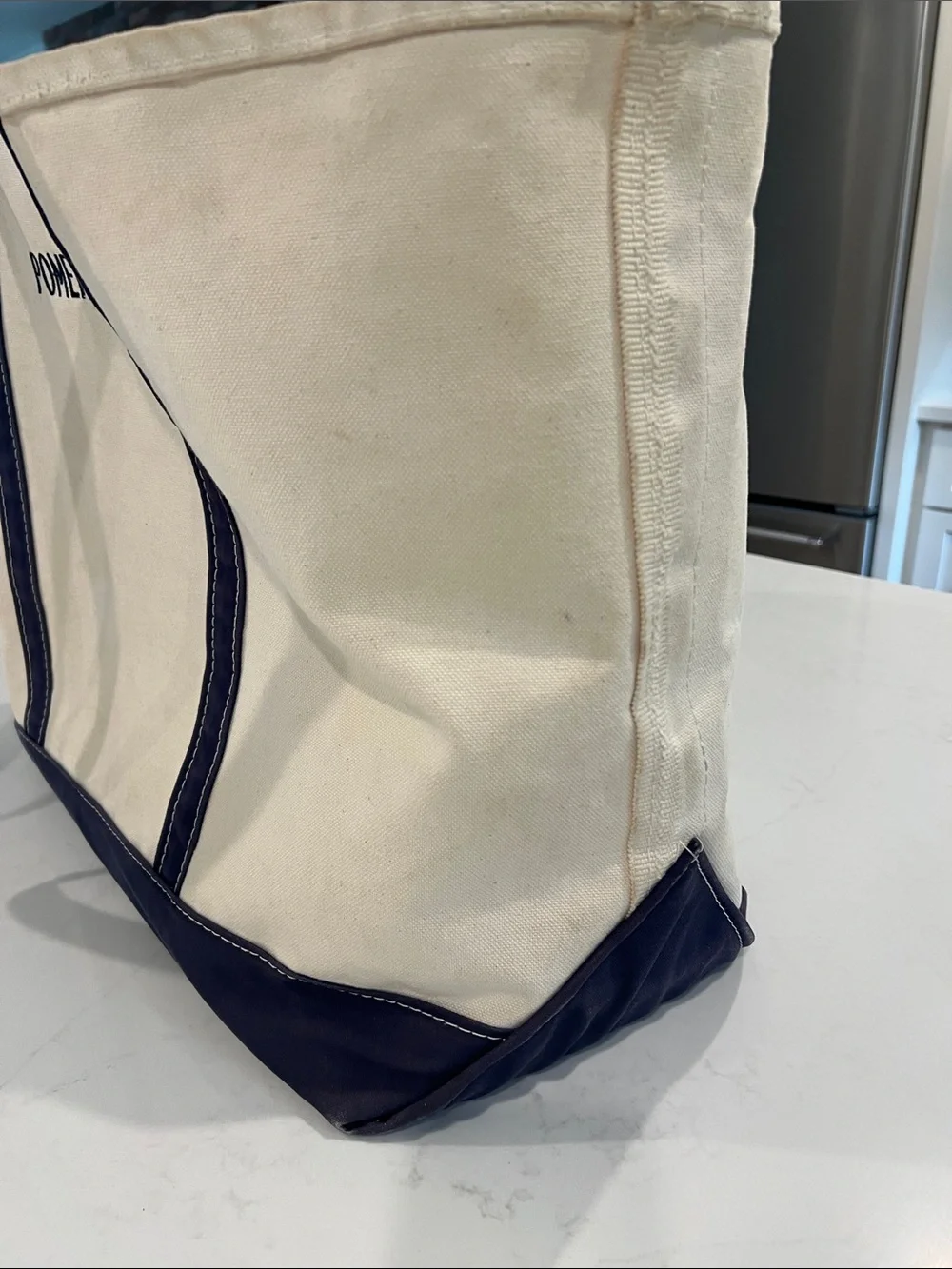 L.L. Bean Cream XL Canvas Tote with Navy Trim - Personalized POMEROY